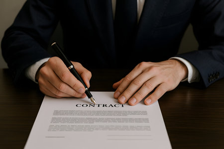 Close-up shot of a professional in a dark suit signing an official business contract or legal document with an elegant fountain pen. This image represents the finalization of agreements, important decisions, legal procedures, partnerships, and commitments in a corporate or financial setting.の素材