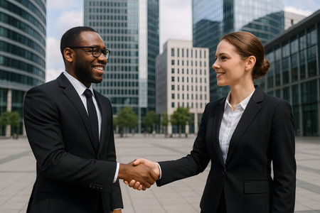 A smiling African American businessman and a Caucasian businesswoman in formal attire shake hands outdoors in a modern urban environment. Tall office buildings and contemporary architecture are visible in the background, symbolizing partnership, agreement, and successful collaboration in the global business world.の素材