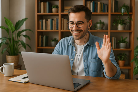 A cheerful young man wearing glasses and wired earphones smiles and waves at his laptop screen, participating in a virtual meeting or online conference. He is casually dressed, working from a comfortable home office setup with a wooden desk, a notebook, and a coffee mug. The background features a blurred bookshelf filled with books and various potted plants, creating a relaxed and inviting atmosphere suitable for remote work, online learning, or virtual social interactions.の素材