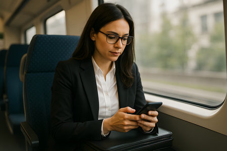 A focused young businesswoman in a suit and glasses is deeply engrossed in her smartphone while traveling on a commuter train. She is actively using her mobile device for communication or work, highlighting the integration of technology and productivity during transit. The setting emphasizes modern travel and remote connectivity.の素材
