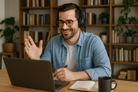 A cheerful young man wearing headphones and glasses smiles while waving his hand during an online video call on his laptop. He is seated at a wooden desk with a pen and notebook, indicating engagement in a virtual meeting or remote learning session. A cozy home office or study with a bookshelf filled with books and plants provides a warm background, emphasizing modern remote communication and education.の素材
