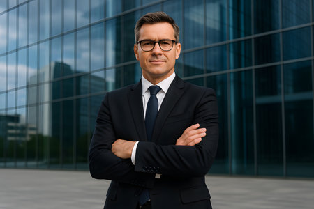 A professional and confident businessman in a dark suit, white shirt, and tie, wearing glasses, stands with his arms crossed outside a modern glass office building. He looks directly at the camera with a composed and determined expression, symbolizing leadership, success, and corporate professionalism in an urban environment.の素材
