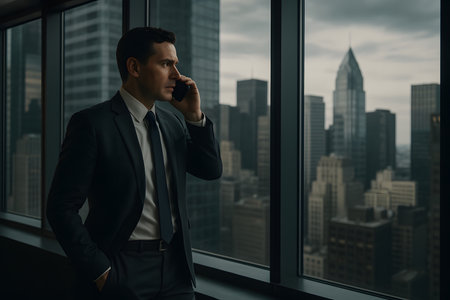 A focused professional businessman in a dark suit stands by a large office window, engaged in a phone conversation while looking out at the sprawling city skyline with numerous skyscrapers under a cloudy sky. The image conveys themes of modern business, corporate communication, leadership, and urban executive life.の素材