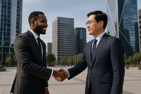 Two diverse businessmen, one African American and one Asian, shake hands with smiles in a modern city setting, with contemporary corporate buildings in the background. This image represents successful collaboration, partnership, and agreement in a global business environment, highlighting diversity and professional relationships.の素材