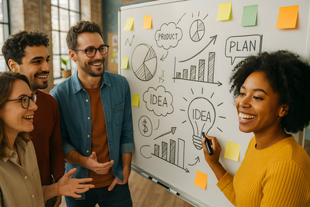 A group of enthusiastic and diverse young business professionals collaborate around a whiteboard, actively discussing and brainstorming new ideas for a project or strategy. A woman draws diagrams, charts, and concepts like &quot;IDEA&quot; and &quot;PRODUCT&quot; while her colleagues observe with engaged smiles. This image encapsulates teamwork, innovation, and strategic planning in a dynamic and modern office setting.の素材
