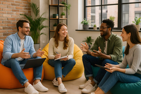 A diverse and cheerful group of four young professionals, two men and two women, are engaged in a lively discussion and brainstorming session while seated comfortably on colorful beanbag chairs in a modern, plant-filled co-working office. They are smiling, laughing, and actively participating, fostering a positive and creative atmosphere for teamwork and sharing ideas. One person is taking notes, another is using a laptop, and one has a tablet.の素材