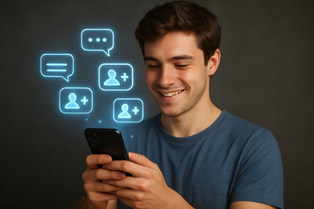 A cheerful young man is shown happily using his smartphone, surrounded by glowing blue icons representing social media interactions such as chat messages and new friend requests or followers. This image captures the essence of digital communication, online networking, and mobile technology in today&#39;s connected world, highlighting concepts of instant messaging, online friendship, and digital engagement.の素材