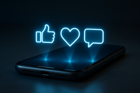 A modern smartphone on a dark surface, with glowing neon-style blue icons for &#39;like&#39; (thumbs-up), &#39;love&#39; (heart), and &#39;comment&#39; (speech bubble) projected above it. This conceptual image represents digital communication, social media interaction, online engagement, and technology trends.の素材