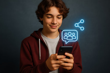 A smiling young man is actively engaging with his smartphone, featuring glowing digital icons for group chat and sharing, representing modern social media interaction and digital communication.の素材