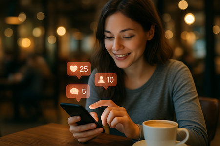 A cheerful young woman smiles as she interacts with her smartphone, with floating social media notification icons showing likes, followers, and comments. The scene, set in a cafe with a cup of coffee and bokeh lights in the background, illustrates modern digital communication and online engagement.の素材