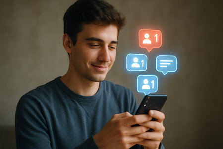 A cheerful young man smiles as he interacts with his smartphone, surrounded by glowing social media notification icons for new followers and messages. This image captures the positive aspects of digital communication, online engagement, and modern connectivity.の素材