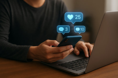 A man is seen multitasking, holding a smartphone displaying glowing digital social media notifications for likes, comments, and shares, while simultaneously typing on a laptop. This image captures the essence of online interaction, digital communication, and the constant connectivity of modern life, perfect for themes related to social media marketing, digital presence, and internet usage.の素材