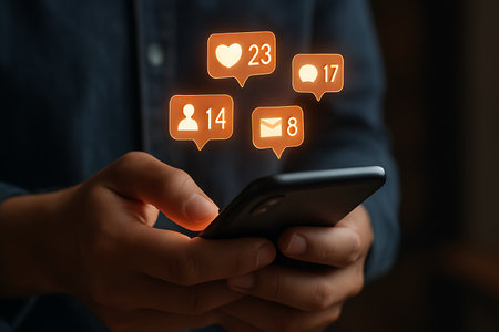 A close-up shot of a person&#39;s hands holding a modern smartphone, featuring vibrant 3D rendered social media notification icons floating above the screen. These icons include a heart for likes (23), a speech bubble for comments (17), a profile icon for new followers (14), and an envelope for messages (8). This image represents the concept of online engagement, digital communication, social networking, and the constant connectivity in the modern digital world.の素材
