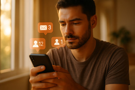 A focused young man with a beard is intently looking at his smartphone, with glowing digital notification icons for messages, likes, and new followers floating around the device. The warm, soft indoor lighting from a nearby window creates a cozy atmosphere, highlighting his concentration as he interacts with social media or other digital communications.の素材
