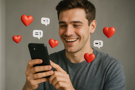 A smiling young man in a gray t-shirt is engrossed in his smartphone, surrounded by floating 3D social media icons including red hearts for likes and speech bubbles with &quot;+1&quot; and &quot;-1&quot; for comments or feedback. This image visually represents online engagement, digital communication, and reactions on social media platforms.の素材