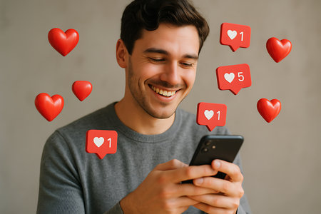 A cheerful young man with a bright smile looks at his smartphone, surrounded by floating red heart icons and social media &#39;like&#39; notifications. This image symbolizes online engagement, positive digital interaction, and the joy of receiving validation or approval on social platforms.の素材