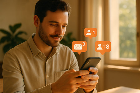 A smiling young man is engaged with his smartphone, with glowing orange notification bubbles appearing above the screen, indicating new messages, follower requests, and likes. He looks happy and focused on his device, symbolizing modern digital communication, social networking, and online connectivity.の素材