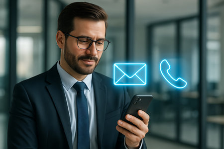 A focused professional man in a suit and glasses interacts with his smartphone, with glowing blue neon icons of an email envelope and a phone receiver hovering above, symbolizing digital communication and customer contact. The background features a blurred modern office environment, emphasizing themes of business, technology, and connectivity.の素材