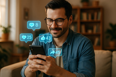 A smiling young man wearing glasses sits comfortably at home, intently viewing his smartphone. Floating around the device are glowing holographic social media notification icons, including likes, comments, and shares, symbolizing active online engagement and digital connection. This image perfectly illustrates modern social interaction and the influence of digital platforms.の素材