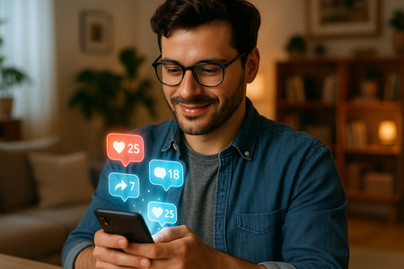 A smiling young man wearing glasses and a denim shirt is deeply engrossed in his smartphone, with glowing digital icons for likes, comments, and shares appearing above the screen. The numerical counts on the icons indicate active social media engagement and feedback. The scene takes place in a warm, cozy home environment, highlighting modern digital connectivity and online interaction in daily life.の素材