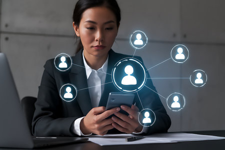 A focused Asian businesswoman in a professional suit uses her smartphone at a modern office desk, surrounded by glowing user icons connected by lines. This image symbolizes digital networking, social media, global communication, and online connections in a contemporary business context.の素材