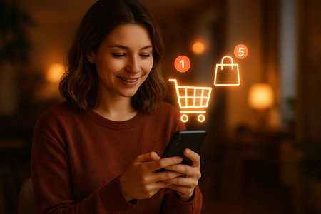 A smiling young woman joyfully engages in online shopping, holding her smartphone with glowing virtual shopping cart and bag icons appearing above it, indicating items in her cart and previous purchases or notifications. She looks content while using a mobile shopping application from the comfort of her home, reflecting modern digital consumerism and the convenience of e-commerce.の素材