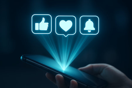 A hand holds a modern smartphone, projecting vibrant, glowing blue social media icons into the dark space above. The icons, including a thumbs-up for &#39;like&#39;, a heart for &#39;love&#39;, and a bell for &#39;notifications&#39;, symbolize digital interaction, online feedback, and constant connectivity in social networks. This futuristic concept illustrates the impact of social media engagement and modern technology.の素材