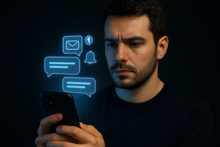 A focused man with a concerned expression is intently looking at his smartphone, surrounded by glowing blue virtual icons representing new messages, chat notifications, and alerts, symbolizing the constant influx of digital communication in modern life.の素材