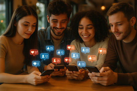 A diverse group of happy young adults, two men and two women, are gathered around a table, each engrossed in their smartphones. They are smiling and reacting to digital social media notification icons, such as likes, followers, and comments, floating above their devices. This image captures the essence of modern digital connectivity, online engagement, and youth culture in a social setting, highlighting the pervasive influence of technology on contemporary interactions.の素材