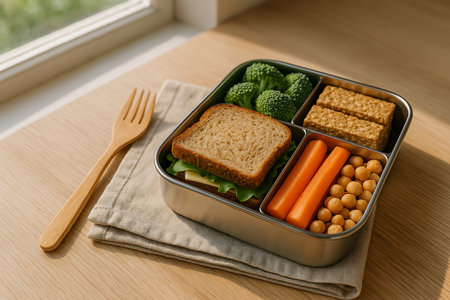 A balanced and nutritious vegetarian meal packed in a stainless steel bento box, featuring a whole wheat sandwich with cheese and lettuce, fresh broccoli florets, crisp carrot sticks, protein-rich chickpeas, and flavorful tempeh. The eco-friendly lunch container is placed on a wooden table with a wooden fork and napkin, ideal for a wholesome office, school, or on-the-go lunch. Emphasizing healthy eating, meal prep, and sustainable lifestyle choices under natural window light.の素材