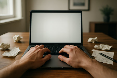 A first-person view of a person's hands actively typing on a modern laptop keyboard, set on a warm wooden desk. The laptop screen is blank, offering a pristine canvas for content or design. Scattered around are several crumpled pieces of paper, a pen, and a handwritten note, suggesting a focused creative process, intense brainstorming, or perhaps overcoming a writer's block. The soft, blurred background hints at a comfortable home office environment, emphasizing themes of remote work, productivity, creativity, and digital task management.の素材