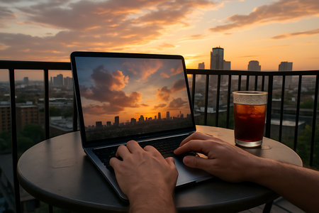 A first-person view of hands typing on a laptop placed on a balcony table, set against a stunning golden hour cityscape. The laptop screen reflects a vibrant sunset over a city skyline, complementing the real view in the background. A refreshing drink rests nearby, emphasizing a blend of productivity and relaxation in an urban outdoor setting. Perfect for themes of remote work, digital nomad lifestyle, and urban living.の素材