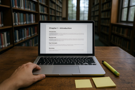 A close-up shot of a person's hand on a modern laptop, displaying an academic document titled 'Chapter 1 - Introduction.' The laptop is placed on a classic wooden desk, surrounded by a blurred background of towering bookshelves filled with books in a traditional library. A bright yellow highlighter pen and sticky notes are also visible on the desk, illustrating themes of education, research, online learning, and intellectual pursuits.の素材
