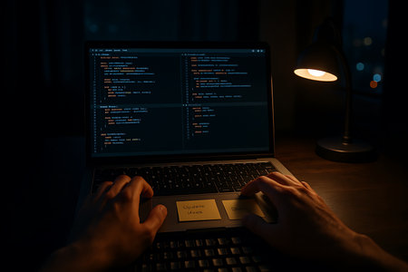 A top-down view of a person's hands typing on a laptop keyboard in a dark, moody environment. The laptop screen displays lines of code, indicating programming, software development, or data entry. Two yellow sticky notes with reminders like 'Update docs' are placed on the laptop's palm rest, suggesting a focused workflow or task management. A warm desk lamp illuminates the workspace, creating an atmosphere of intense concentration, perfect for themes of technology, cybersecurity, remote work, or late-night projects.の素材