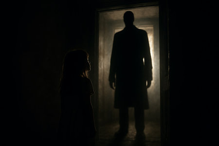 An unsettling and dramatic image featuring the silhouette of a young child looking towards a tall, shadowy adult figure standing ominously in a brightly lit doorway. The dark room and strong backlighting create a suspenseful, mysterious, and potentially fearful atmosphere, perfect for themes of horror, danger, or the unknown.の素材