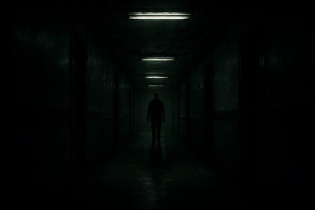A hauntingly dark and mysterious image depicting a lone silhouetted figure walking away into the distance of a long, dimly lit corridor. The scene evokes a strong sense of fear, suspense, and isolation, with fluorescent lights casting an ominous glow in what appears to be an abandoned hospital or institution. Ideal for psychological thrillers, horror themes, or concepts of loneliness and the unknown.の素材