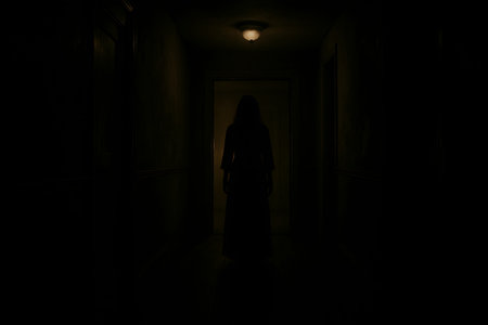 A mysterious and eerie silhouette of a woman standing at the end of a long, dark hallway, partially lit by a dim overhead light. The low light creates a suspenseful and frightening atmosphere, evoking feelings of fear, dread, and the unknown. Ideal for horror, thriller, or mystery themes.の素材
