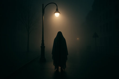 A solitary, cloaked figure stands under the eerie glow of a street lamp on a dark, heavily fog-laden night. The mysterious silhouette is illuminated from behind, creating a dramatic contrast against the thick mist. This atmospheric scene evokes feelings of suspense, loneliness, and the unknown in an urban setting.の素材