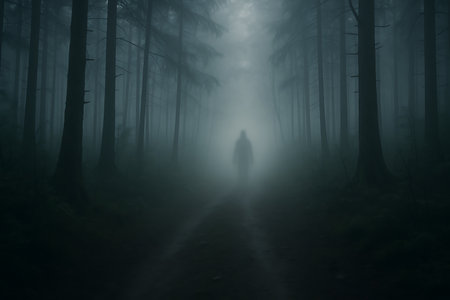 An eerie and atmospheric scene depicting a dark forest shrouded in thick mist, with tall trees framing a narrow path. A blurred, enigmatic silhouette of a person emerges from the deep fog, evoking a sense of mystery, suspense, and the unknown.の素材