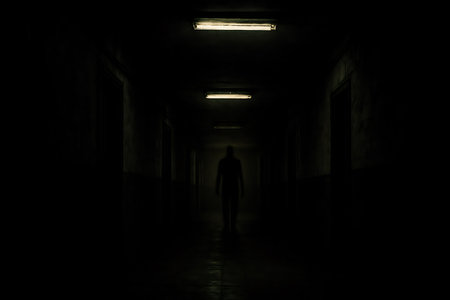 A mysterious, shadowy silhouette of a person walks down a long, dark, and eerie hallway, illuminated only by dim fluorescent lights. The scene evokes a chilling atmosphere of horror, suspense, and the unknown, suggesting fear or an unsettling presence.の素材