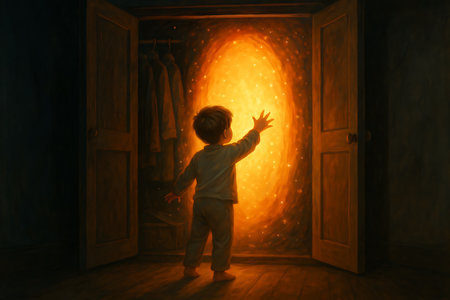 A young child, seen from behind, stands in a dimly lit room, captivated by a brilliant, glowing portal of golden and orange light emanating from an open wardrobe. The child extends a hand towards the ethereal light, conveying a sense of wonder, curiosity, and the boundless imagination of childhood, hinting at adventures beyond the mundane.の素材