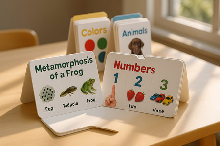 A collection of engaging educational learning cards featuring fundamental concepts for young children, including the metamorphosis of a frog, basic numbers with counting objects, bright colors, and various animals. Displayed on a wooden table, these vibrant teaching aids are perfect for early childhood education, homeschooling, and classroom learning.の素材