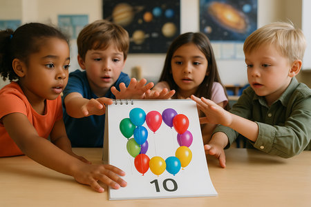 A diverse group of preschoolers, including boys and girls, are gathered around a wooden table in a bright classroom, intently focused on a learning flip chart. The chart displays ten vibrant balloons arranged in a circle, with the number '10' prominently below them. Their hands are reaching towards or resting on the chart, indicating active participation and engagement in a hands-on counting or number recognition lesson. The background features educational posters, reinforcing the stimulating learning environment of early childhood education.の素材