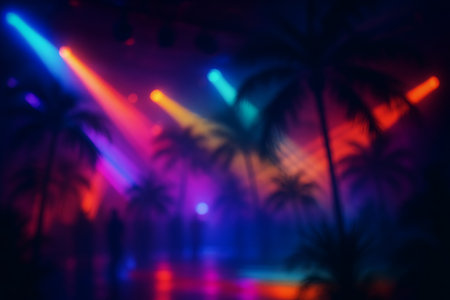 Abstract blurry image of a nightclub scene at night.  Silhouetted palm trees are visible against a backdrop of vibrant neon lights in shades of pink, purple, blue, and orange. The atmosphere is hazy and dreamlike, creating a feeling of mystery and excitement.の素材