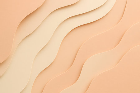 An elegant abstract background featuring soft, flowing wave layers in delicate shades of peach, beige, and cream. The design creates a harmonious and soothing visual effect, mimicking a paper cut-out style with subtle shadows that add depth and dimension. Ideal for minimalist designs, presentations, website backgrounds, or as a calming artistic backdrop.の素材