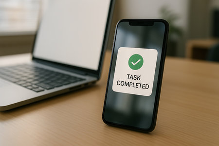 A modern smartphone displays a prominent 'TASK COMPLETED' message with a green checkmark icon, symbolizing success, achievement, and completion. The mobile phone is positioned on a light wooden desk, with a blurred laptop visible in the background, representing productivity, efficiency, and digital workflow in a professional work or study environment.の素材