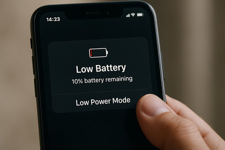 Close-up of a modern smartphone screen showing a 'Low Battery' warning with '10% battery remaining' and a user's finger about to activate 'Low Power Mode' to conserve energy. This image illustrates common mobile device issues and power management solutions.の素材