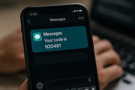 Close-up shot of a person holding a modern smartphone, with the screen clearly displaying a text message containing a six-digit verification code. The message reads "Your code is 920481," indicating a one-time password (OTP) for account login, two-factor authentication, or a secure transaction. The image highlights concepts of digital security, privacy, and online account protection in the age of widespread mobile technology.の素材