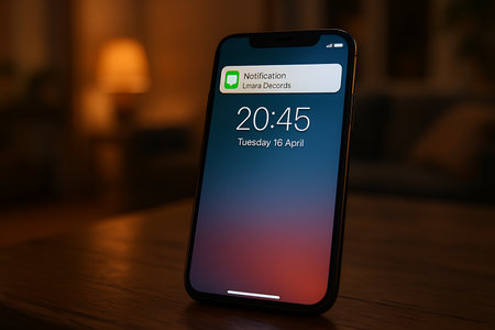 A close-up shot of a modern smartphone resting on a wooden table, displaying an incoming notification, the current time 20:45, and date Tuesday 16 April on its screen. The background is softly blurred with warm, ambient lighting, creating a cozy evening atmosphere.の素材