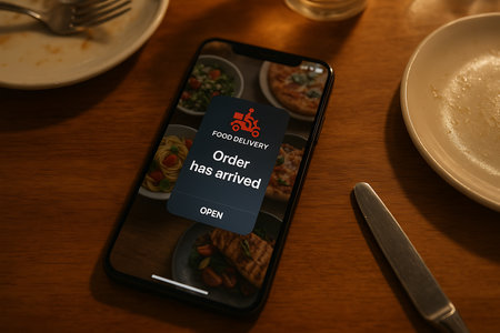 A close-up, top-down view of a smartphone displaying a 'Food Delivery: Order has arrived' notification on a rustic wooden dining table. Used plates, a fork, and a knife are visible next to the phone, suggesting a recently finished meal or anticipation of a fresh one. The phone's background shows various appealing food items like pasta, salad, and pizza, highlighting the convenience of online food ordering and home delivery.の素材